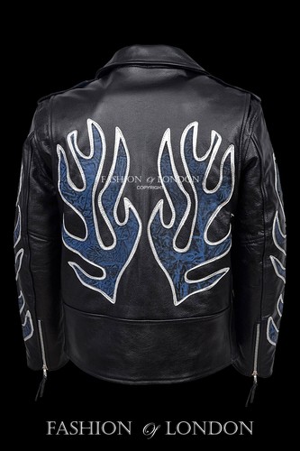 Classic BRANDO Black Blue Flame Men's Biker Hide Real Leather Jacket MBF - Picture 3 of 5