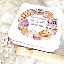 Square Watercolour Bakes Pink Wreath Best Teacher Personalised Cake Tin