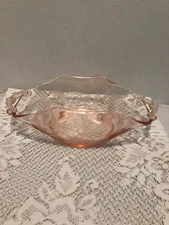 Pink Depression Double Handled Wheel Cut Floral Design Scalloped Edge Bowl