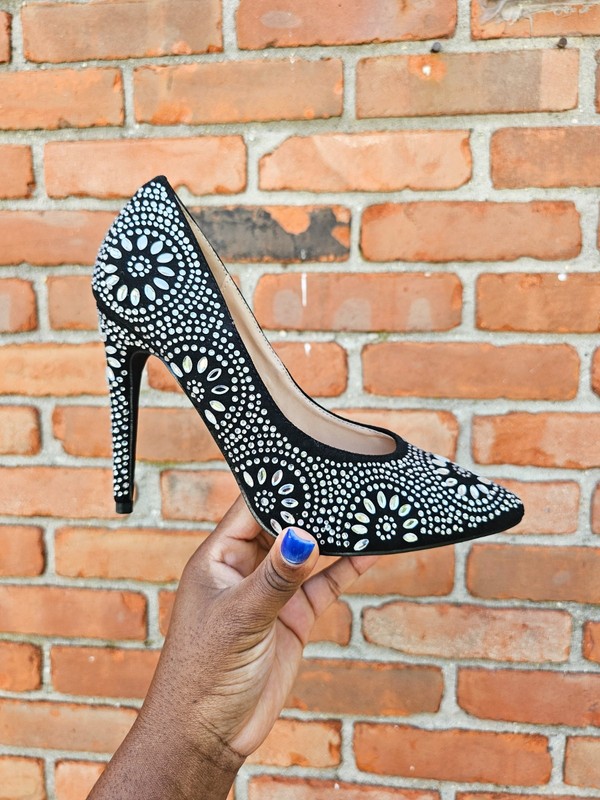 Lauren Lorraine Black Rhinestone Embellished Pointed-Toe Stiletto Pumps 7.5