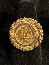 Vintage 1945 Dos Pesos 22K Gold Coin in 14k Yellow Gold Ring Size 5 1/2