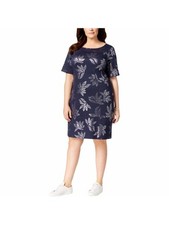 KAREN SCOTT Womens Navy Rhinestone Leaf 3/4 Sleeve Formal Shift Dress XS