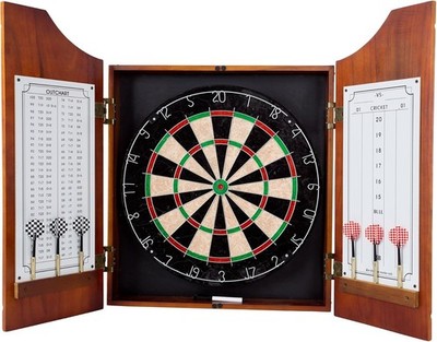 Trademark Poker Dart Board Cabinet Set w/ 6 Metal Tip Darts Dry Erase Scoreboard