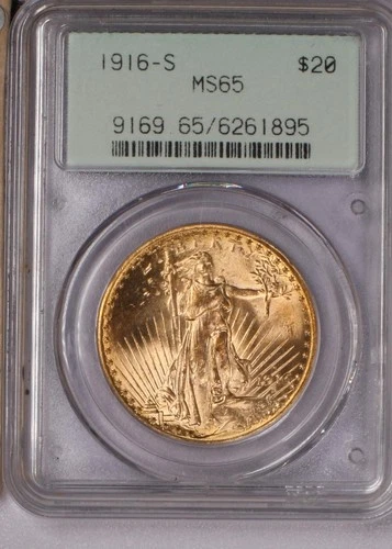1916-S Gold St. Gaudens Double Eagle $20 PCGS MS65. P.Q. Old green label.