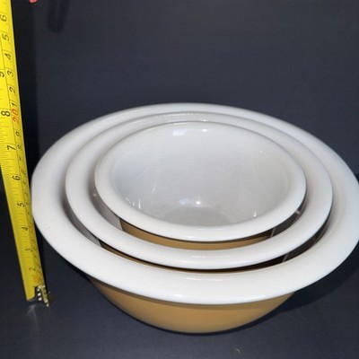 Vintage CorningWare Stoneware Nesting Mixing Bowls 3 Brown/Tan White Rim