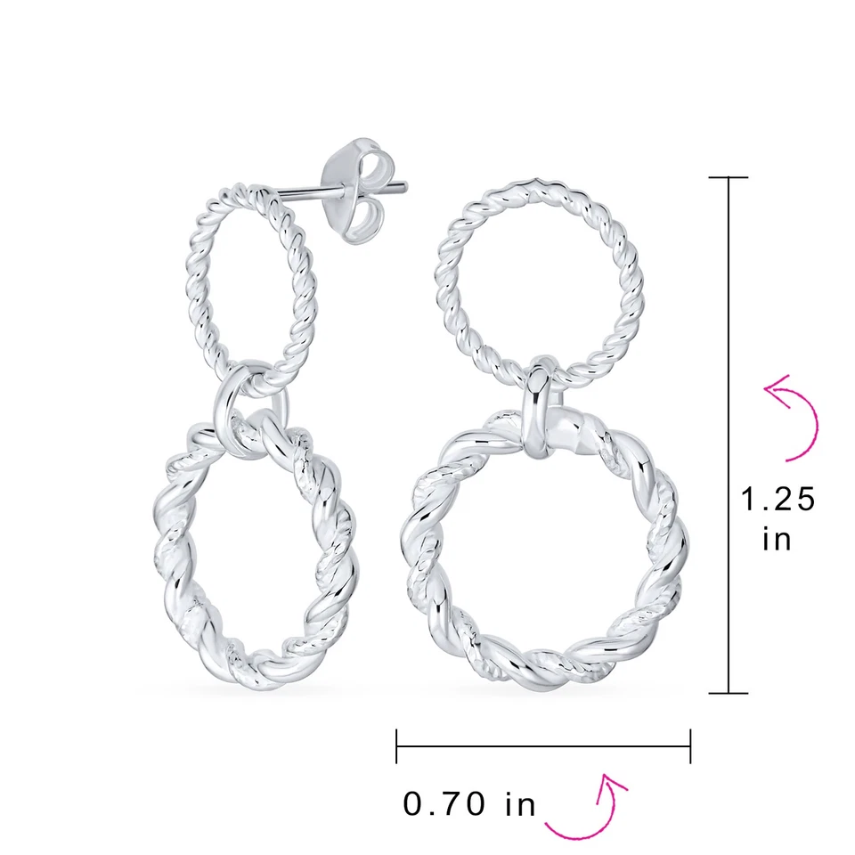 Pendientes colgantes redondos geométricos clásicos doble círculo aldaba plata de ley Foto 4 de 4