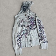 Lucky Brand Euro Y2K Geisha Floral Embroidered Zip-up Hoodie Size XL