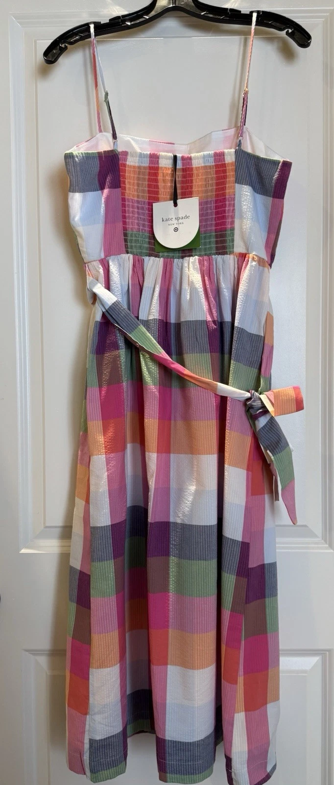 NUOVO abito kate spade new york x Target a quadri con cravatta in vita taglia Small