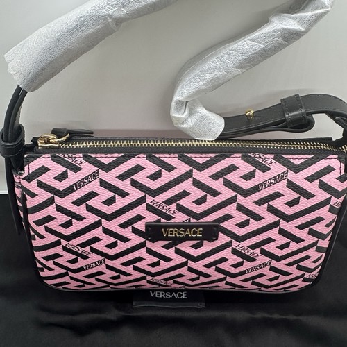 NWT Versace | Pink Coated Canvas Monogram Calf Leather Shoulder Bag $1290 - Picture 3 of 11