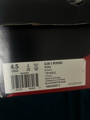 Reebok Club C Revenge Boys Tennis Sneakers Black/White/Gum US Size 4.5