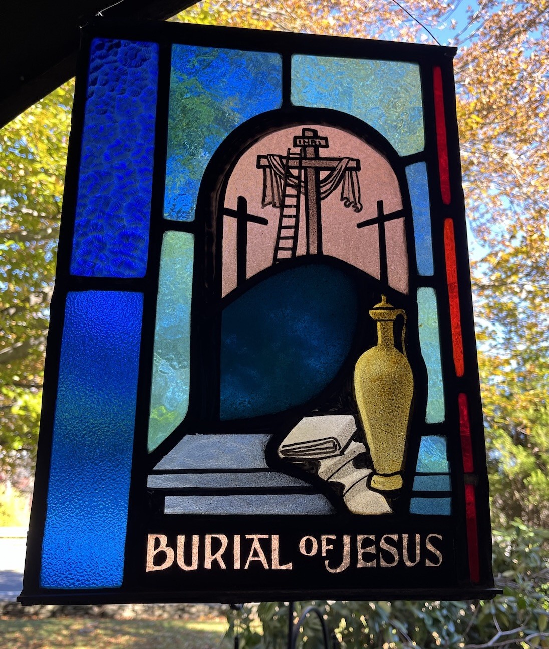 ANTIQUE CHURCH WINDOW "the BURIAL of JESUS" PAINTED FIRED GLASS early 1940s NYC