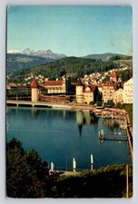Vintage Lucerne Switzerland Chapel Bridge Lake Mountains Postcard 1980