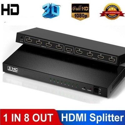 8 Port 1 In 8 Out 1x8 HD Splitter Audio Video 1080P Hub For HD HDTV 4K 3D DVD