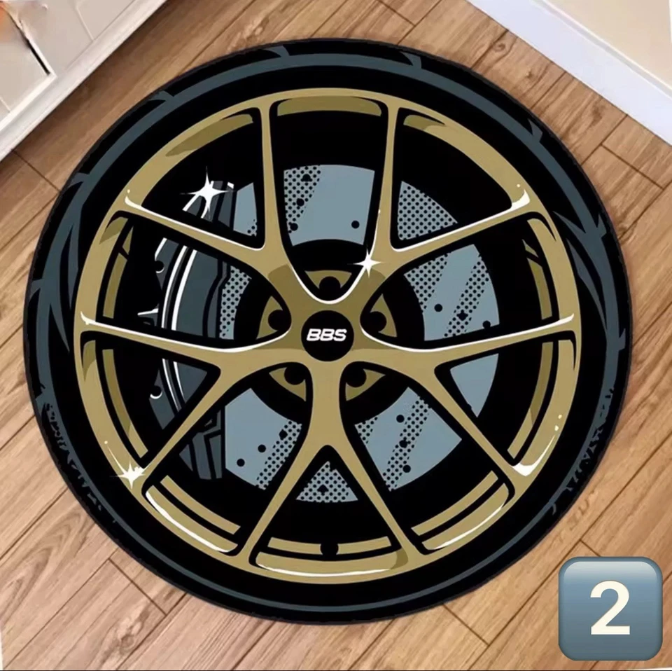 Tapete estilo aro de roda de carro malha BBS / 5 raios / tapete de assoalho estrela dourada redondo 47x47 polegadas - Imagem 3 de 4