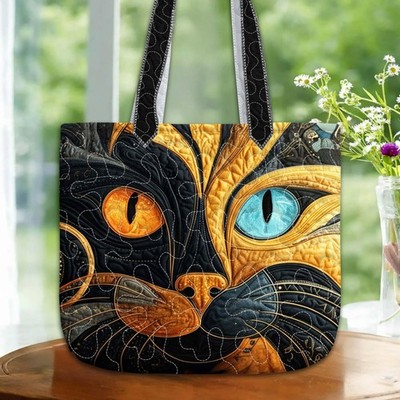 Cat Art Quilted Tote Bag Colorful Cat Face Tote Gift for Cat Lovers Moms Tote!!