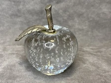 Vintage Glass Apple with Brass Stem Teachers Desk Gift Clear Fruit Art Student