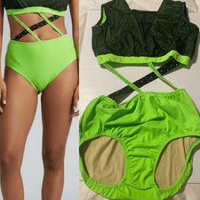 Custom dance solo costume neon green black 2 piece style rhinestoned leotard M-L