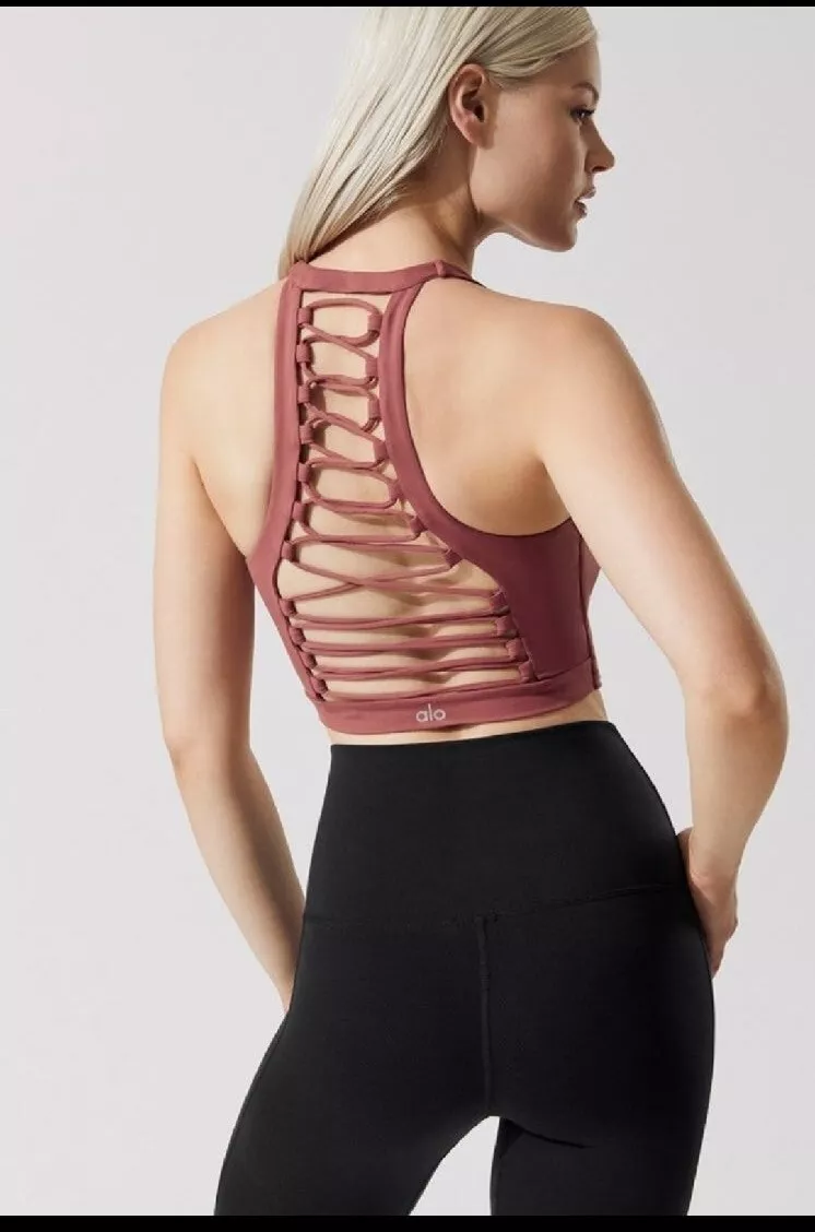 Alo Yoga Movement Sports Bra Crop Top Lace Up Dusty Rosewood Earth