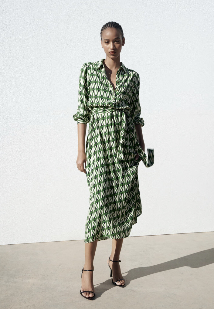 ZARA NWT WOMAN GEOMETRIC PRINT MIDI DRESS GREEN / ECRU