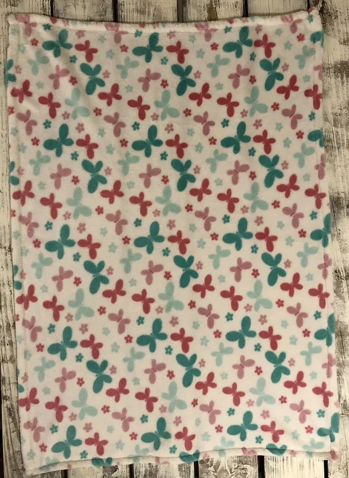 Girls Baby Blanket Butterflies Flowers White Teal Pink Fleece Lovey Butterfly - Image 3 of 4