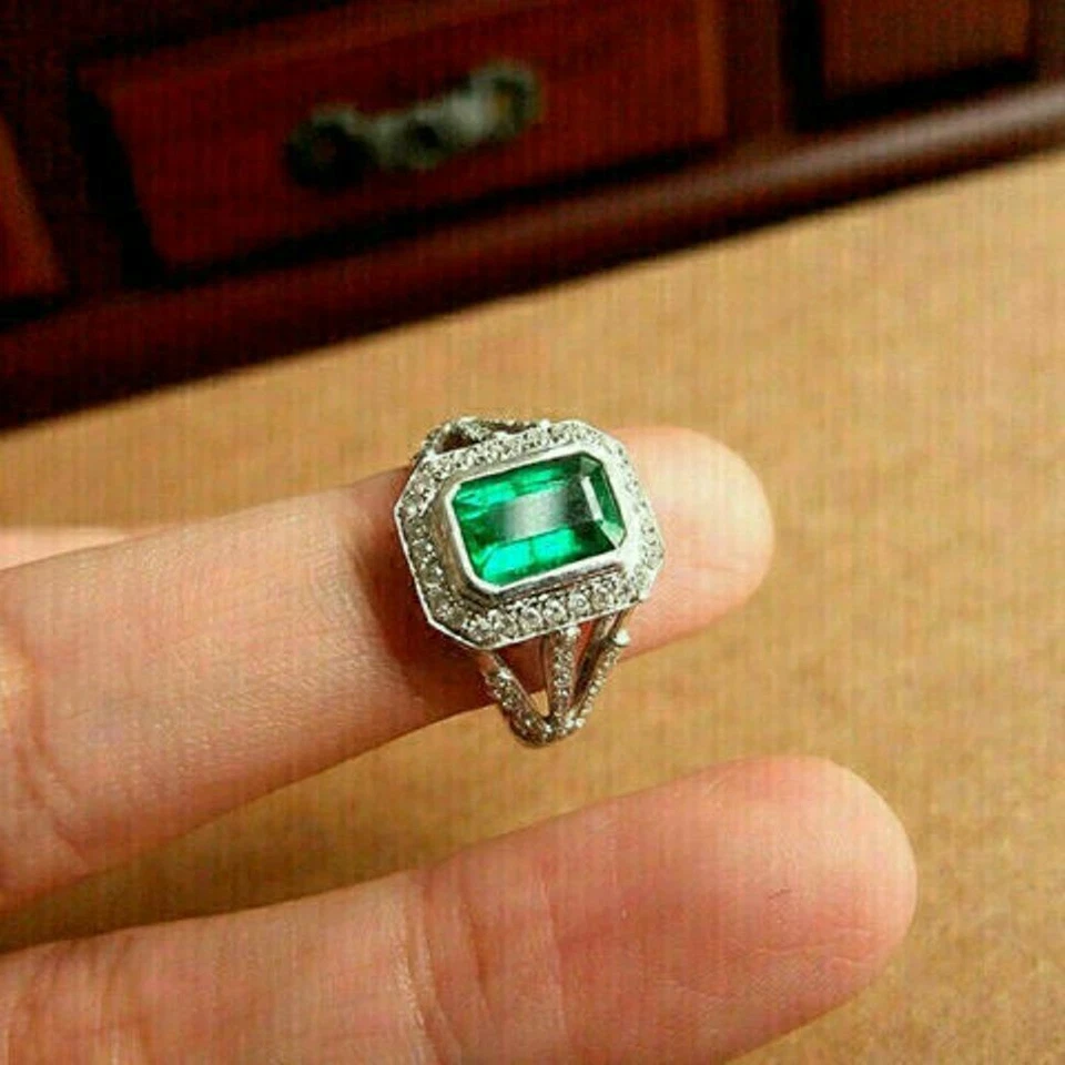 Engagement Ring 2.Ct Green Emerald Lab-Created 14K White Gold Shank Ring Size 6 - Image 4 of 4