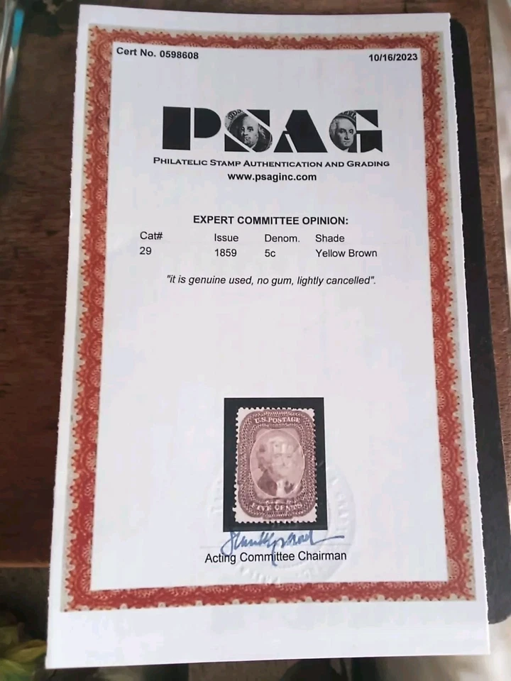 Pre-Civil War Stamp of 1859, Jefferson #29. PSAG Certificate, Used. CV$495.00 - Image 2 of 2