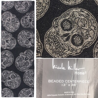 Nicole Miller Halloween Beaded Silver Skull Table Runner Day of the Dead Gothic