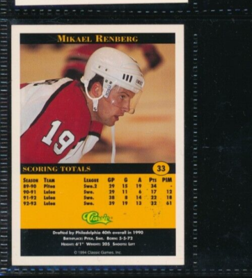 1994 Classic #33 Mikael Renberg Rookie Sensation Signed Autograph