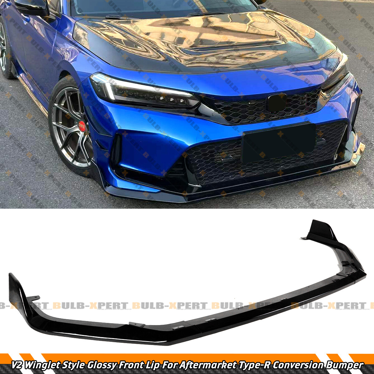 V2 Gloss Black Front Lip Splitter For 22-24 Honda Civic Type-R 