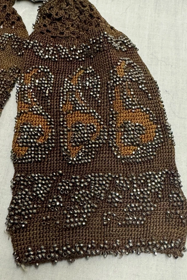 Cartera Miser de Colección Marrón Crochet Tono Plata Acero Micro Cuentas Borla Flecos Años 1900 Foto 3 de 4