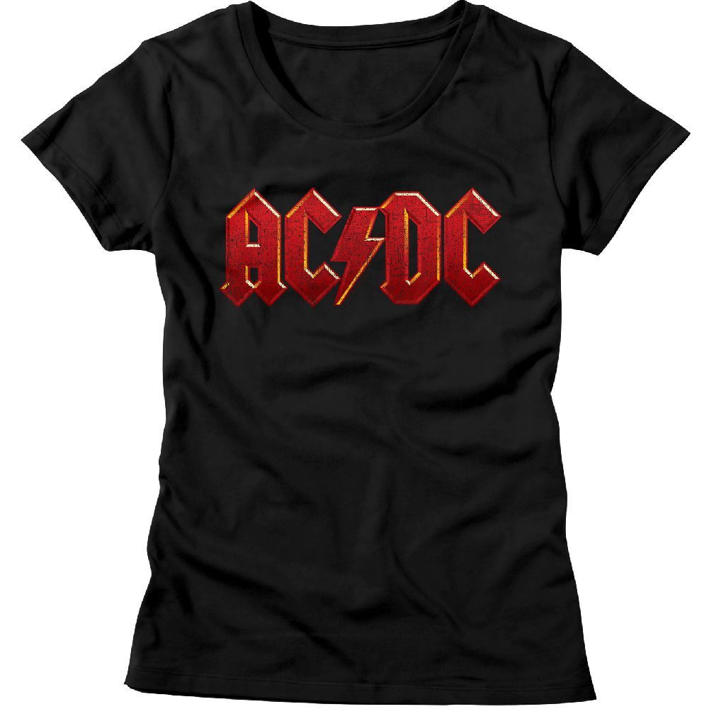 Ladies AC/DC Logo Red Distress Black Rock and Roll Music Band T