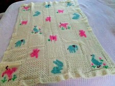 Yellow Cross stitch animals crochet baby blanket 54 x 41 1/2" Hand made