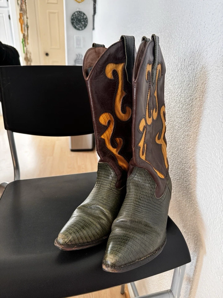 Vintage Nine West Romnee Leather Cowboy Western Boots Green Brown Yellow 7M - Image 3 of 4