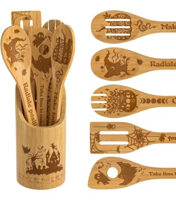 6PCS Witch Theme Wooden Cooking Spoons Set, Halloween Witchy Spoon Carve Burned 