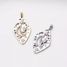2pcs Cubic Zirconia Moon Pendant,CZ Pave Rhombus Moon Charm,Medallion Pendant