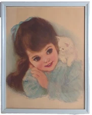 Vintage Print Girl with Her Kitten Framed Under Glass Signed By Artist 11 x 14