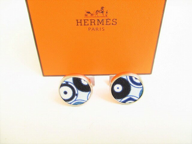 HERMES シルバー 円形カフリンクス HERMES Silver Steel & Blue Canvas Round Cufflinks Auth
