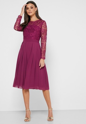 Chi Chi London Lace Top Pleated Skirt Midi Dress In Berry Size 4