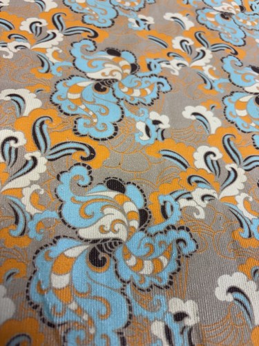3 Metres Beige & Blue Ornate Paisley Printed 100% Cotton Needlecord Fabric. - Picture 2 of 4