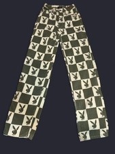 Playboy x PacSun Women's Corduroy Check Straight Pants Green White Embroidered