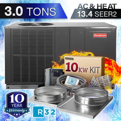 Goodman 3 Ton Central Air Conditioner Package Unit AC System Kit, R32 Horizontal