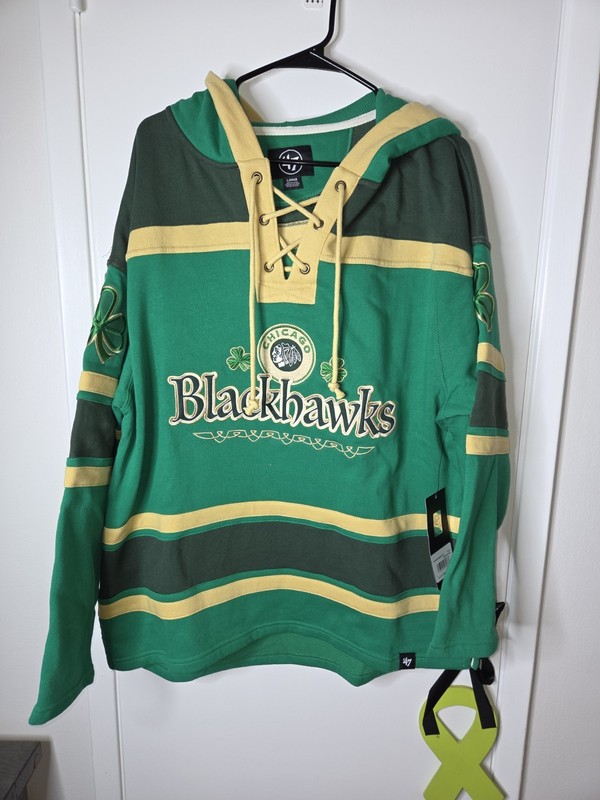 Men's '47  Kelly Green Chicago Bkackhawks McLucky Superior Lacer Hoodie. NWT 