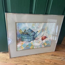 Vintage Signed Original Watercolor Framed Painting | Still Life Teapot & Apple