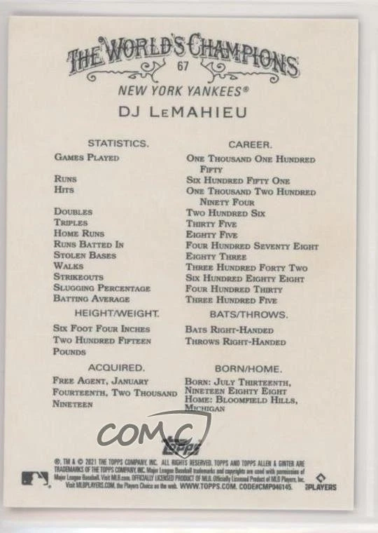 2021 Topps Allen & Ginter's X DJ LeMahieu #67 - Image 2 of 2