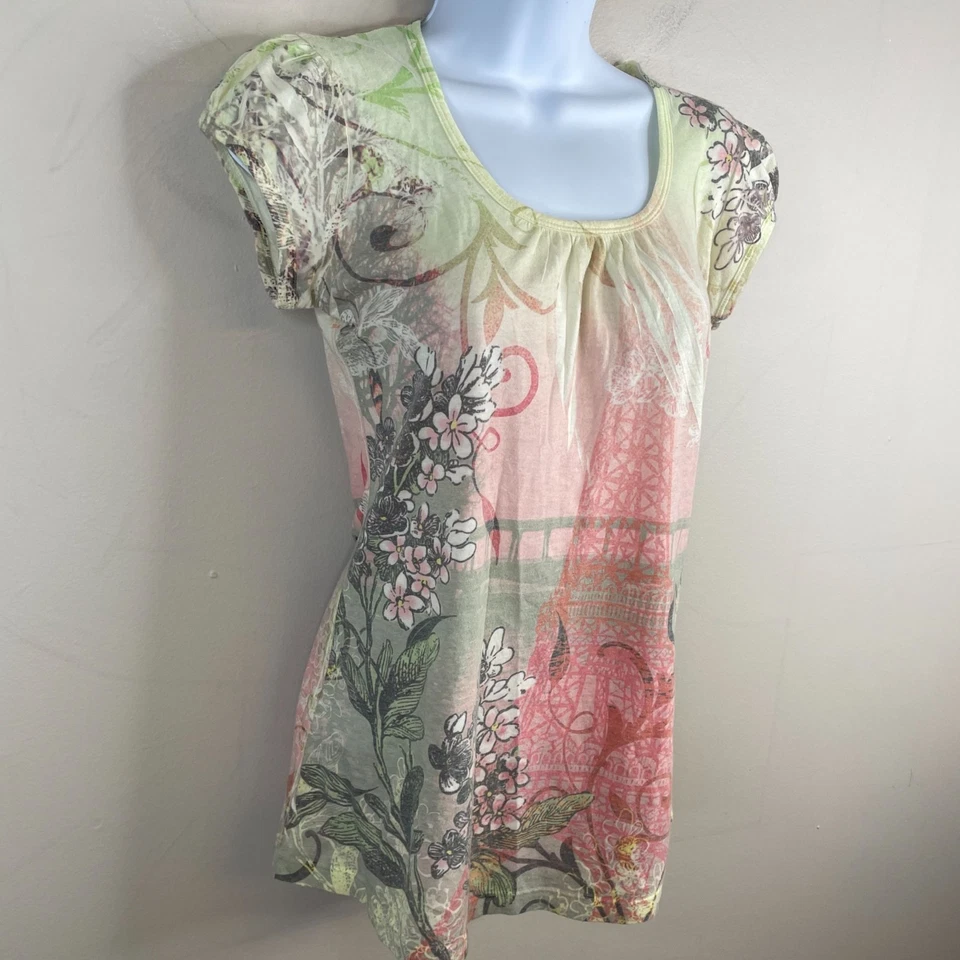 Top túnica manga abullonada estampado vintage años 90 Y2K París talla S flor de cerezo Foto 3 de 4