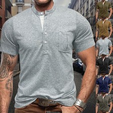 Mens Casual Short Sleeve T-Shirt Henley Grandad V Neck Button Solid Shirts Tops