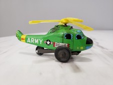 1950's Tin Litho ARMY HELICOPTER Green Small Metal Toy-Made In Japan