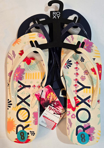 Roxy Floral Flip Flop Sandals Navy/White/Multicolor Logo Women’s US 8