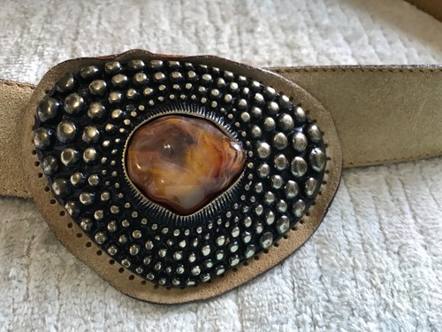 VINTAGE VITANUOVA ITALIAN LEATHER/SUEDE BRUTALIST BRASS AGATE BUCKLE MCM 4688 - Picture 6 of 12
