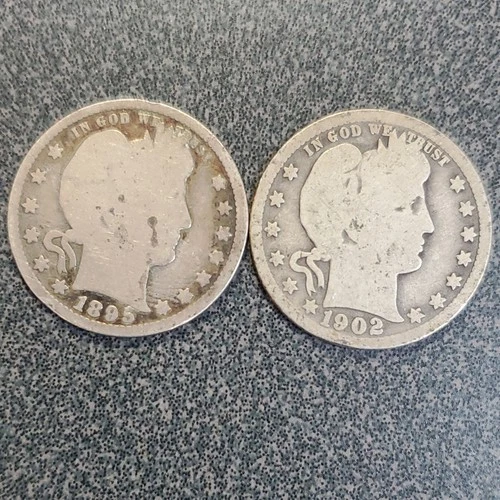 Barber Quarter 1895 & 1902 US 25C Silver Coins Lot of 2 #319
